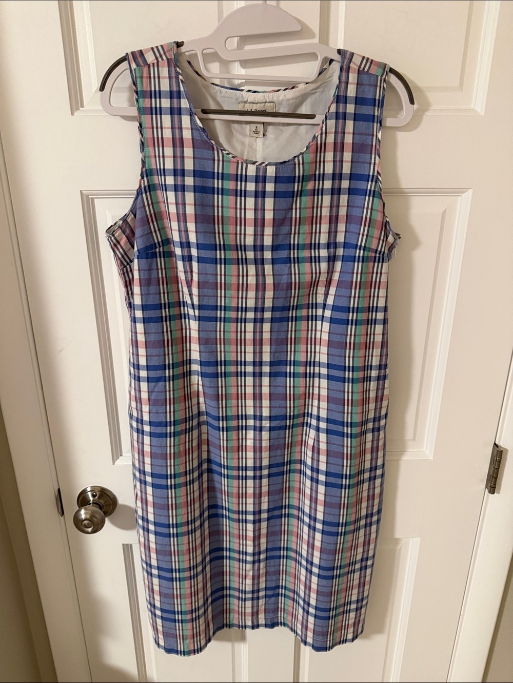 L.L. Bean Sleeveless Pastel Plaid Shift Dress Preppy Classic Size 8